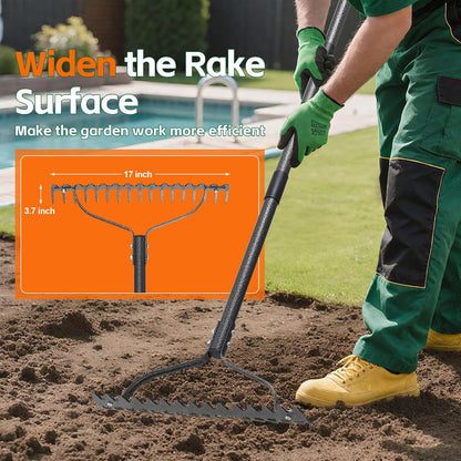 Thatch Rake, 49" Heavy Duty Metal Lawn Leveling Rake with 17 Tines, Garden Tool with Adjustable Long Handle for Looseing Soil, Weede Control
