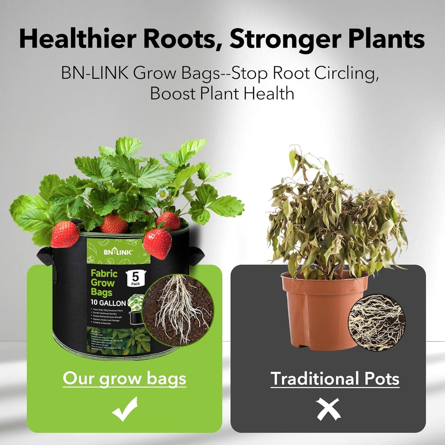 BN-LINK 5-Pack 10 Gallon Grow Bags, Heavy Duty Aeration Fabric Pots with Handles, Thickened Nonwoven Plant Bags for Vegetables, Flowers, Fruits