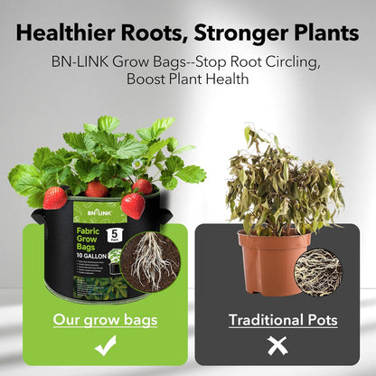 BN-LINK 5-Pack 10 Gallon Grow Bags, Heavy Duty Aeration Fabric Pots with Handles, Thickened Nonwoven Plant Bags for Vegetables, Flowers, Fruits