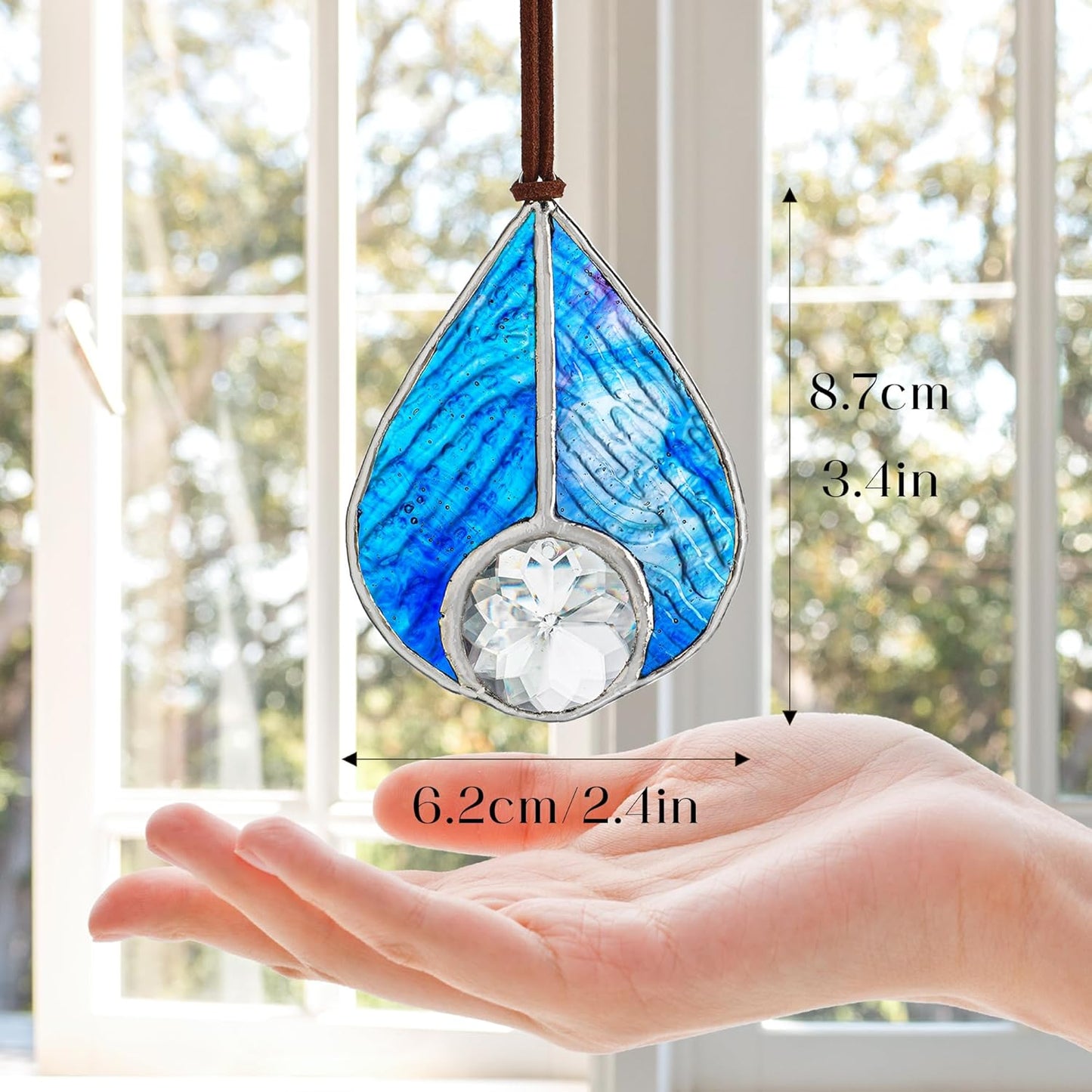 H&D HYALINE & DORA Handcrafted Stained Glass Blue Teardrop Suncatcher Panel Art Glass Sun Catcher Window Home Decor Hanging Pendant
