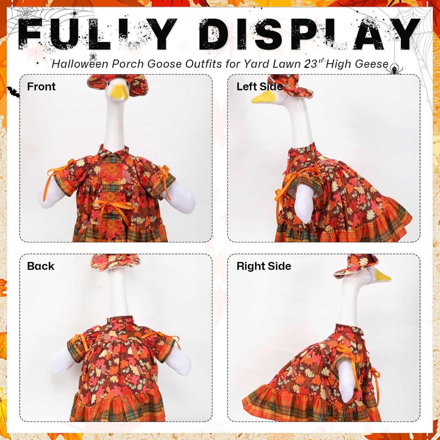 Fall Porch Goose Outfit Set for 23'' Plastic Statue Lawn Porch Goose Clothes with Thanksgiving Day Maple Leaf Skirt Hat Costume for Indoor Outdoor Patio Yard Lawn Art Decor
