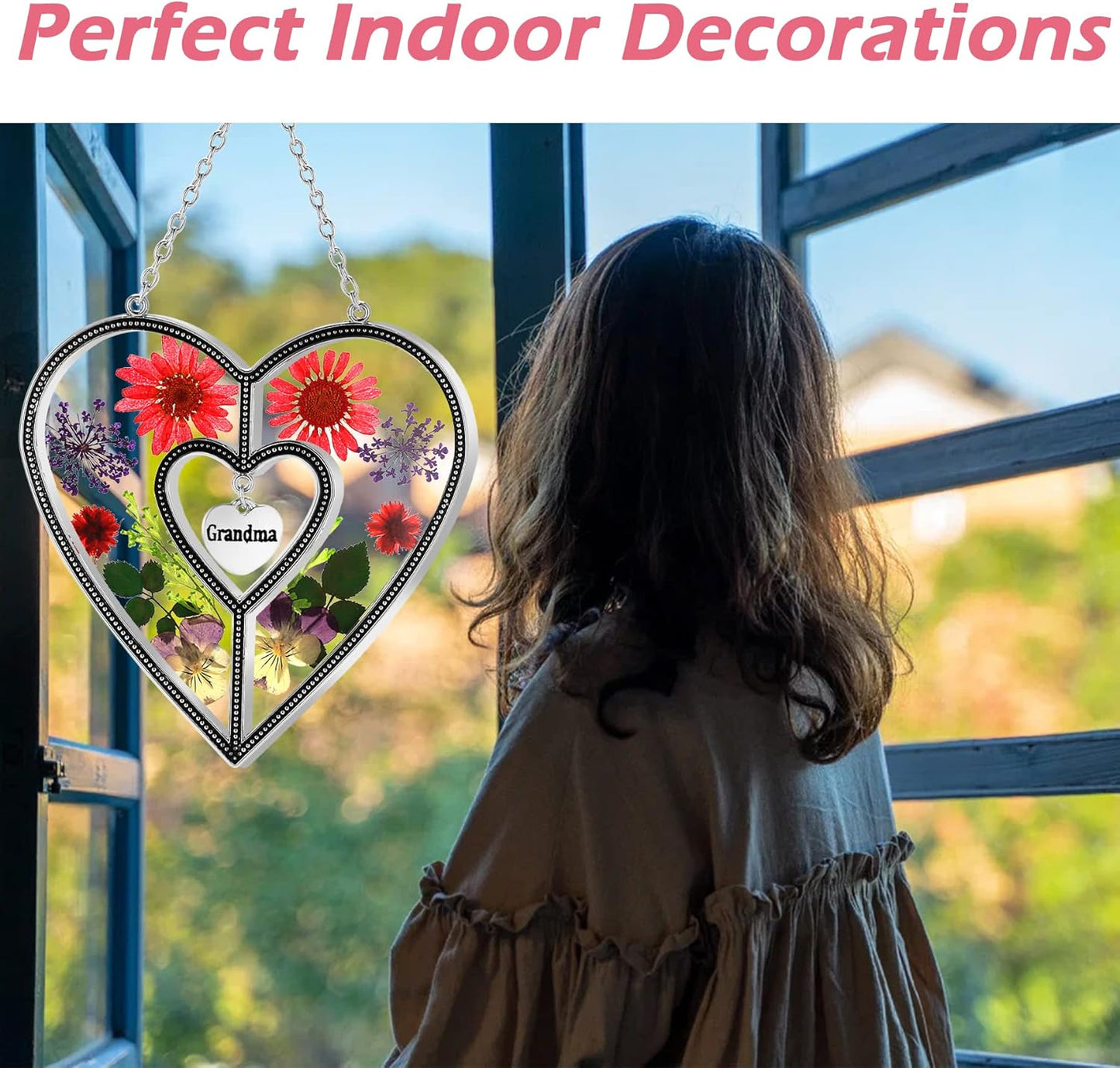 KY&BOSAM Suncatcher Grandma Gifts Heart Stained Glass Wind Chimes for Outside Really Flower Colorful with Meatl Grandma Heart Charm Outdoor for Garden Windows Indoor Home Trees Patio Yard Porch Decor