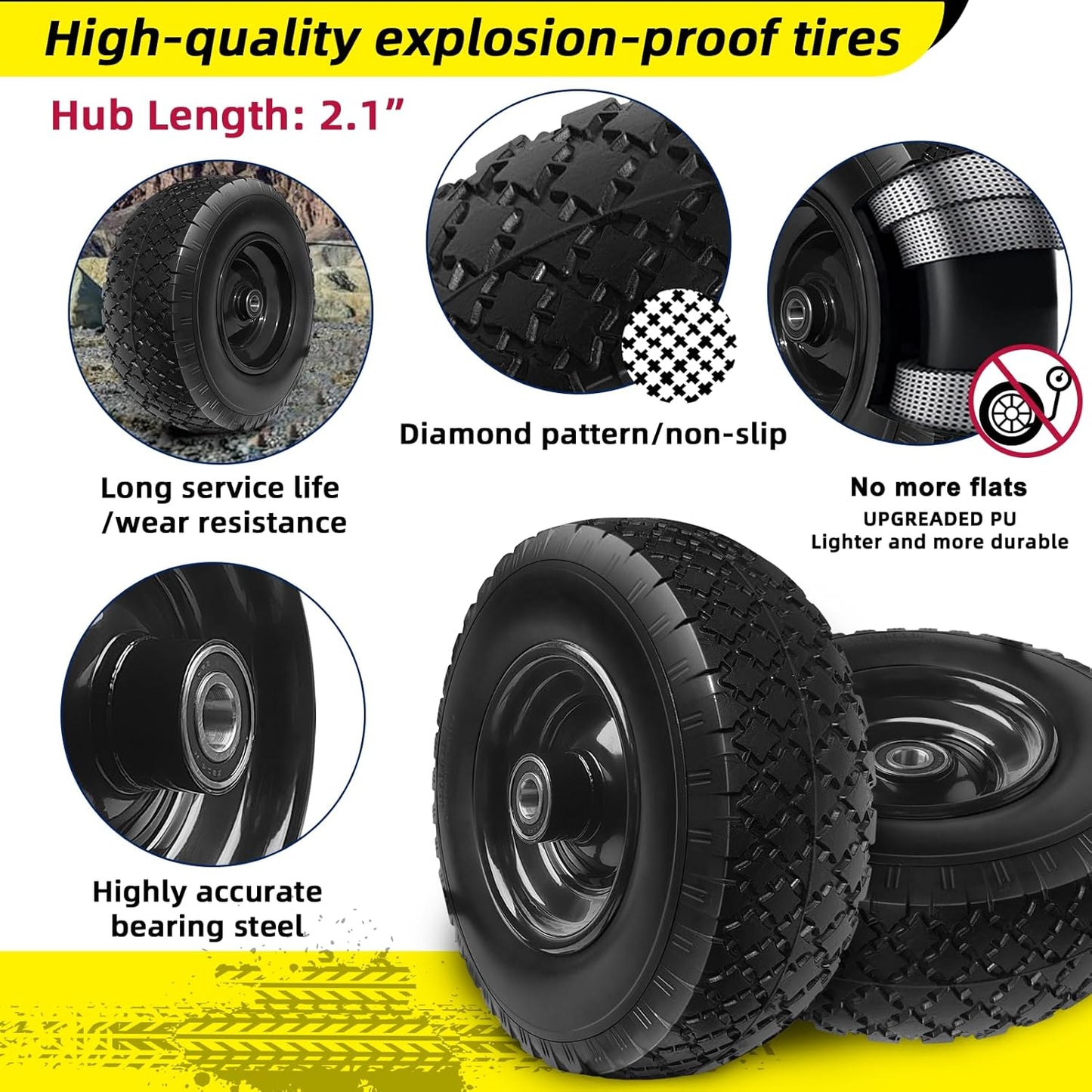12'' Flat Free Tires Rubber Replacement Solid Tire, 2.1" Offset Hub Wheel Assemblies for Garden Cart Wheelbarrow, 3.5" Wide Polyurethane Tires with 5/8 Inch Axle Bore Hole (410/350-6)