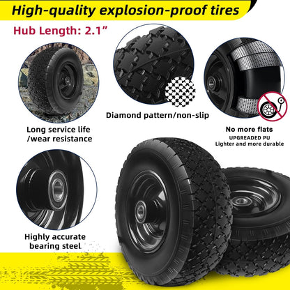12'' Flat Free Tires Rubber Replacement Solid Tire, 2.1" Offset Hub Wheel Assemblies for Garden Cart Wheelbarrow, 3.5" Wide Polyurethane Tires with 5/8 Inch Axle Bore Hole (410/350-6)