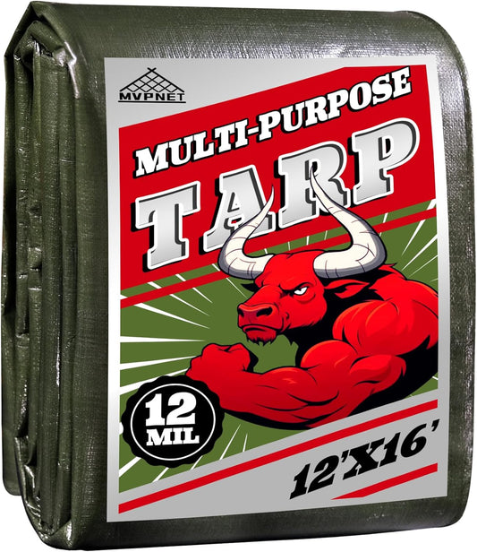 Green/Silver Heavy Duty Waterproof Tarp 12x16FT, 12mil Thick，Multifunctional tarp Whit Tear&Fade