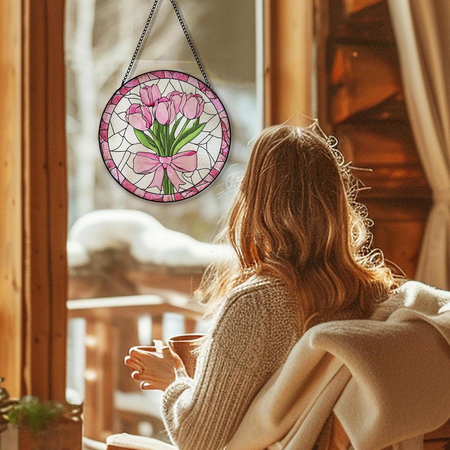 Coquette Pink Bow Tulip Flower Suncatcher Stained Glass Garden Window Hanging, Pink Tulip Flower Sun Catchers Indoor Window Glass Round Wall Decor, Floral Wall Art Hanging Decorations, ＂7.8x7.8＂