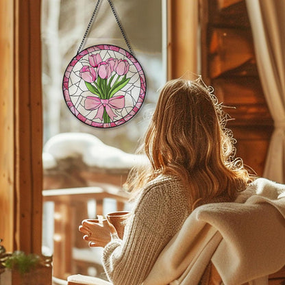 Coquette Pink Bow Tulip Flower Suncatcher Stained Glass Garden Window Hanging, Pink Tulip Flower Sun Catchers Indoor Window Glass Round Wall Decor, Floral Wall Art Hanging Decorations, ＂7.8x7.8＂