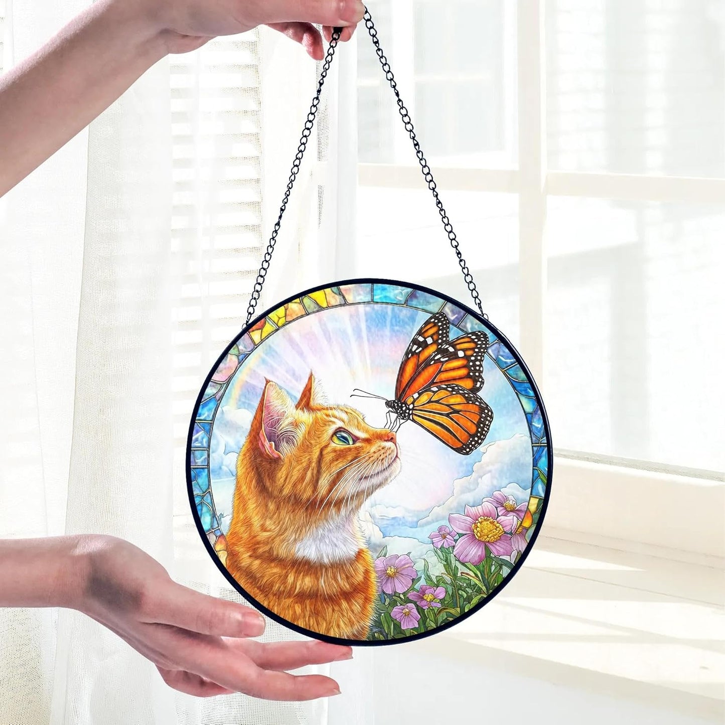 Orange Cat Gifts, Cat Memorial Suncatcher Gift for Loss of Cats, Butterfly Stained Glass Suncatcher Window Hanging Decor for Garden Pet Loss Gift Christmas Birthday Sympathy Gifts for Women Pet Lovers