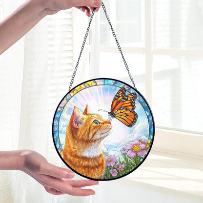 Orange Cat Gifts, Cat Memorial Suncatcher Gift for Loss of Cats, Butterfly Stained Glass Suncatcher Window Hanging Decor for Garden Pet Loss Gift Christmas Birthday Sympathy Gifts for Women Pet Lovers