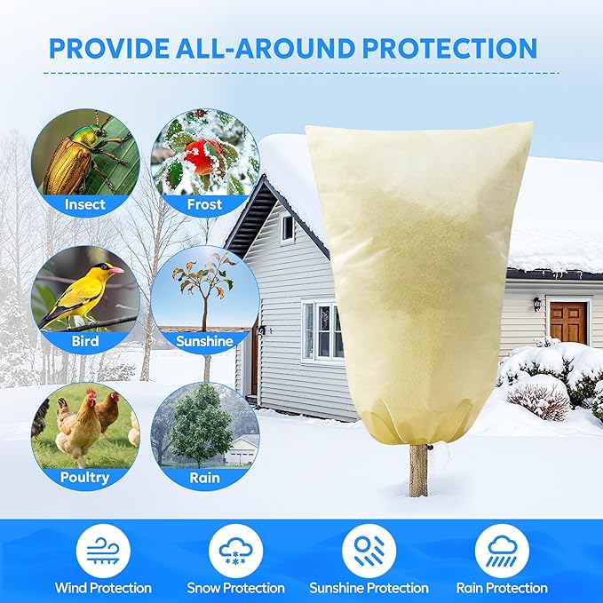 MIXC Plant Covers Freeze Protection, 23.6''×23.6'' Winter Cold Weather Frost Blankets Shrub Jacket With Drawstring No Zipper Reusable Frost Protection Cloth For Outdoor Plants Fruit Tree Potted 2 Pack