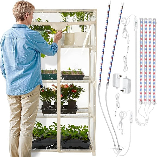 Carpathen Indoor Greenhouse with Grow Lights - 4 Tiers 27.2"L x 19.3"W x 54"H with 1 Dimmable 15W Full Spectrum LED Light Strip and 1 Gooseneck Plant Lamp Clip-on - Mini Greenhouse with Zip PVC Cover