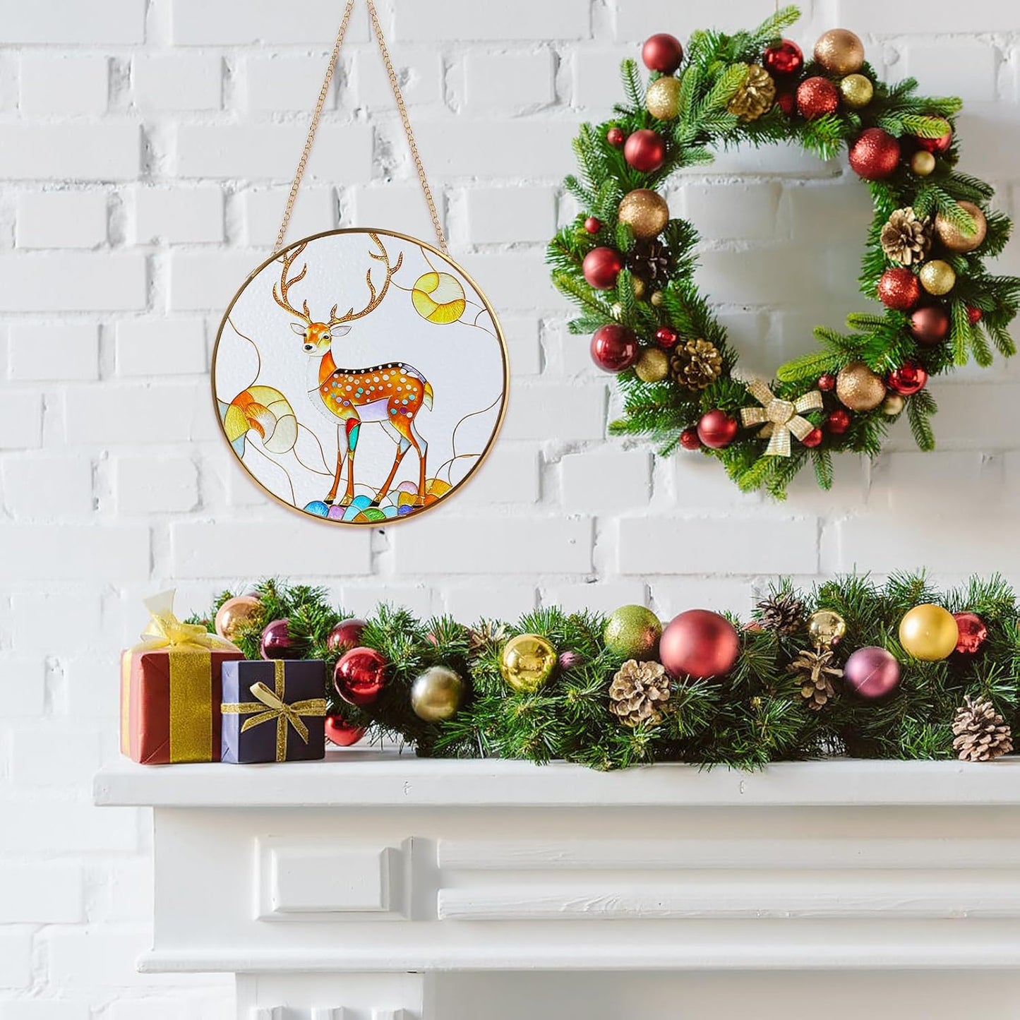 Deer Suncatcher Stained Glass Window Hanging with Metal Chain and Hooks 7.8 Inch Christmas Decor Indoor/Outdoor Home & Garden Decor Housewarming Gift