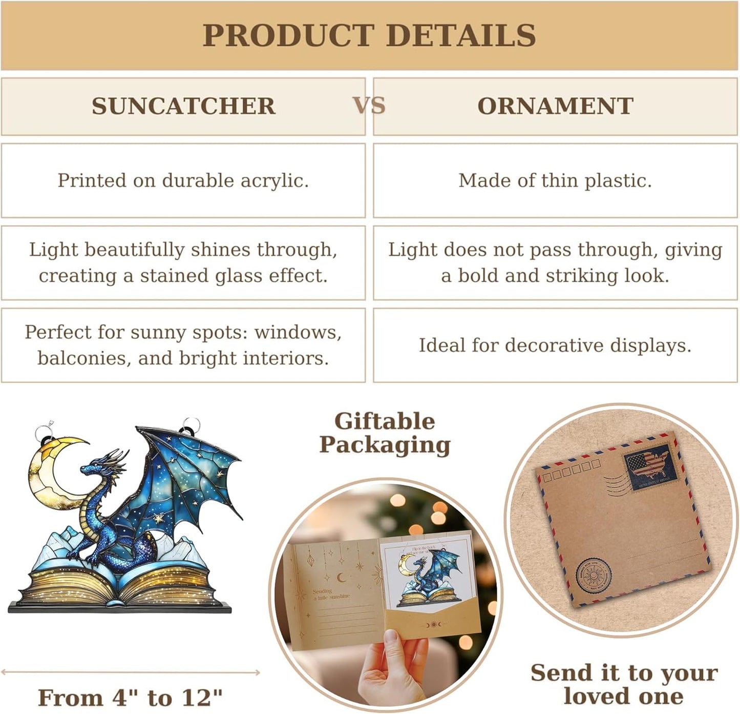 Dragon Moon Book Bookworm Acrylic Suncatcher Stained Glass Effect Window Car Hanging Christmas Ornament Indoor Outdoor Decor Garden Bookish Sun Catcher Book Lover for Women Mom Grandma
