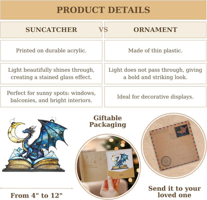 Dragon Moon Book Bookworm Acrylic Suncatcher Stained Glass Effect Window Car Hanging Christmas Ornament Indoor Outdoor Decor Garden Bookish Sun Catcher Book Lover for Women Mom Grandma