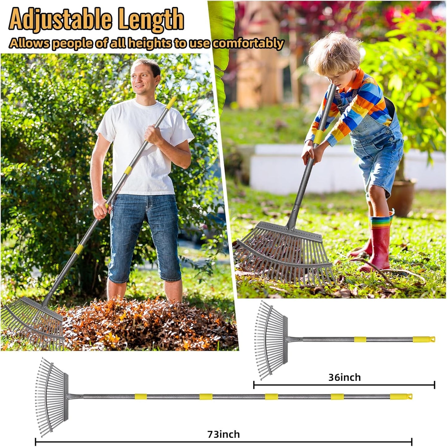 Rake for Leaves, Heavy Duty Metal Leaf Rake with 25 Tines 18" Wide Head, Adjustable 36-73" Long Handle Garden Rakes, Gardening Tools for Lawn, Yard, Shrub, Garden Beds Leaf Cleanup
