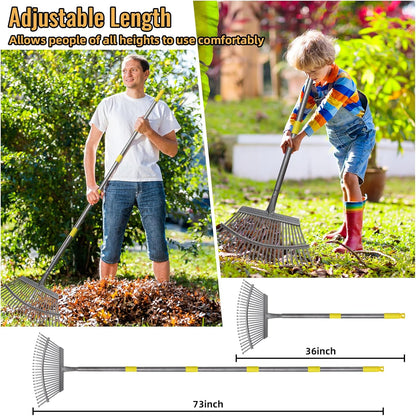 Rake for Leaves, Heavy Duty Metal Leaf Rake with 25 Tines 18" Wide Head, Adjustable 36-73" Long Handle Garden Rakes, Gardening Tools for Lawn, Yard, Shrub, Garden Beds Leaf Cleanup