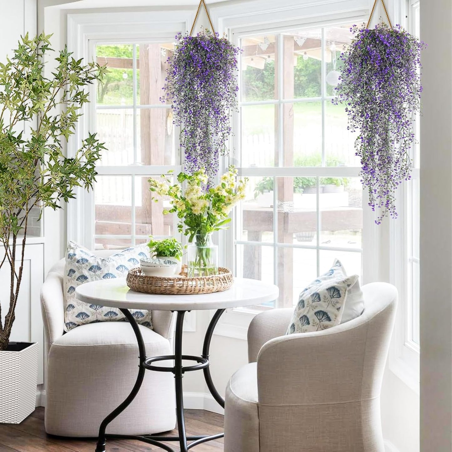 RECUTMS Artificial Vine Plants 2 Pack Fake Hanging Flower Plants Faux Ivy Vine Leaves Plastic Baby Breath Greenery UV Resistant for Home Bedroom Wall Porch Garden Wedding Decor (Purple)