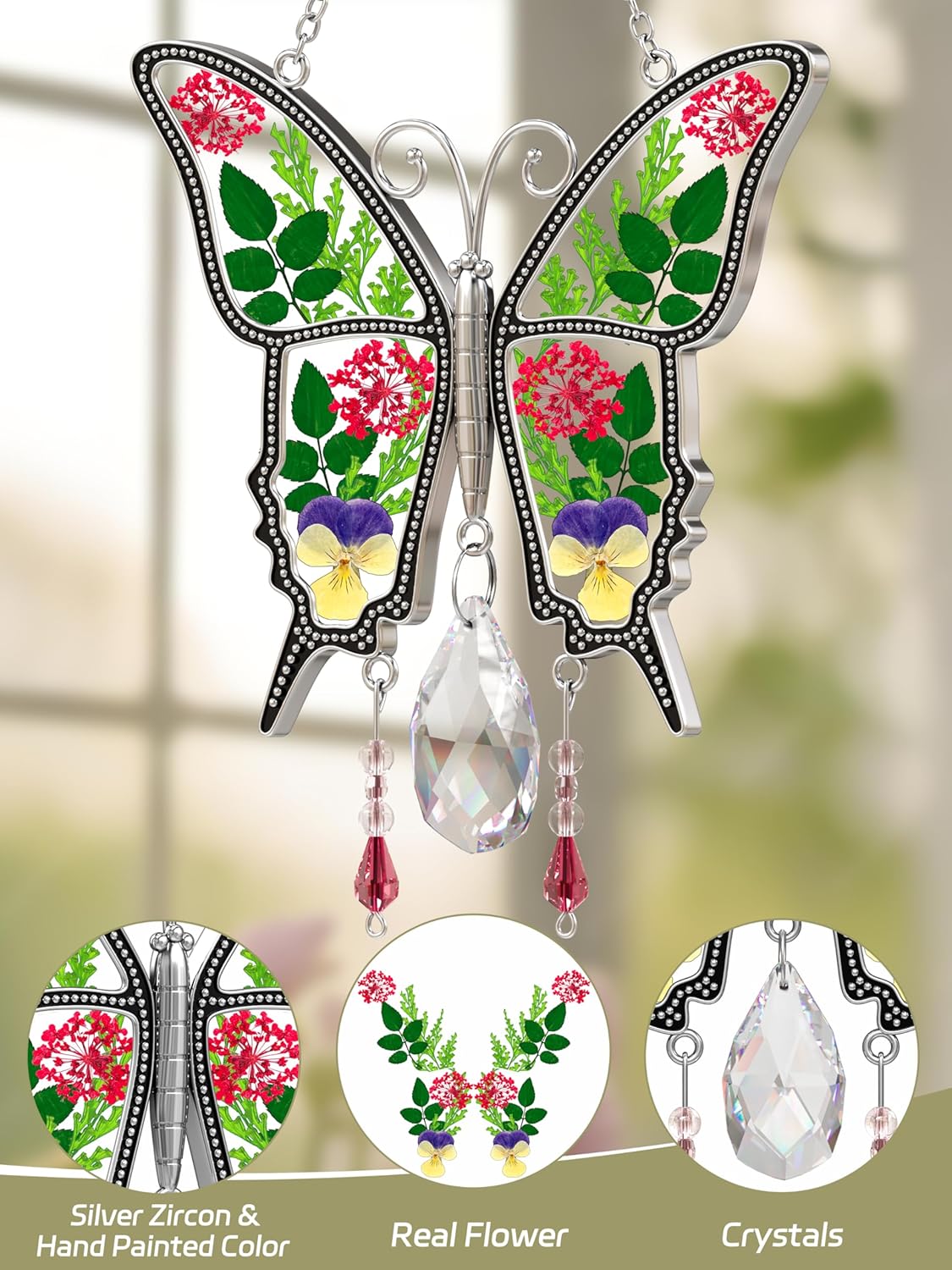 KY&BOSAM Butterfly Suncatcher for Windows Stained Glass Crystal Wind Chimes with Metal Charms Colorful Rainbow Prisms Garden Decor for Mom/Grandma, Christmas Wedding Gifts 8" Hanging Ornaments