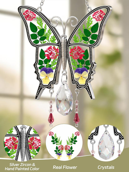 KY&BOSAM Butterfly Suncatcher for Windows Stained Glass Crystal Wind Chimes with Metal Charms Colorful Rainbow Prisms Garden Decor for Mom/Grandma, Christmas Wedding Gifts 8" Hanging Ornaments