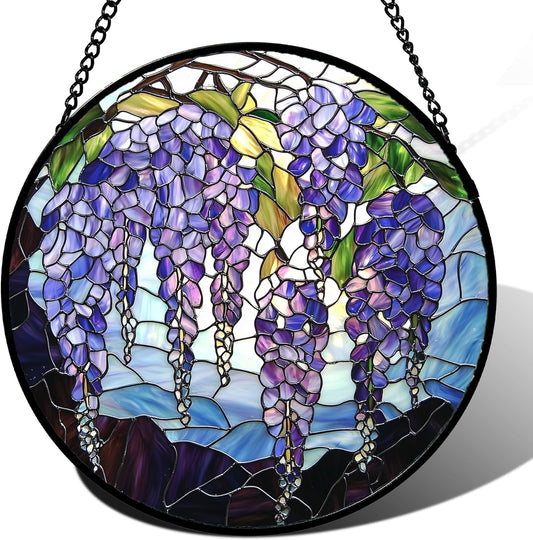 Stained Glass Window Hanging, Wisteria Flower Sun Catcher for Door Home Decor Purple and Blue