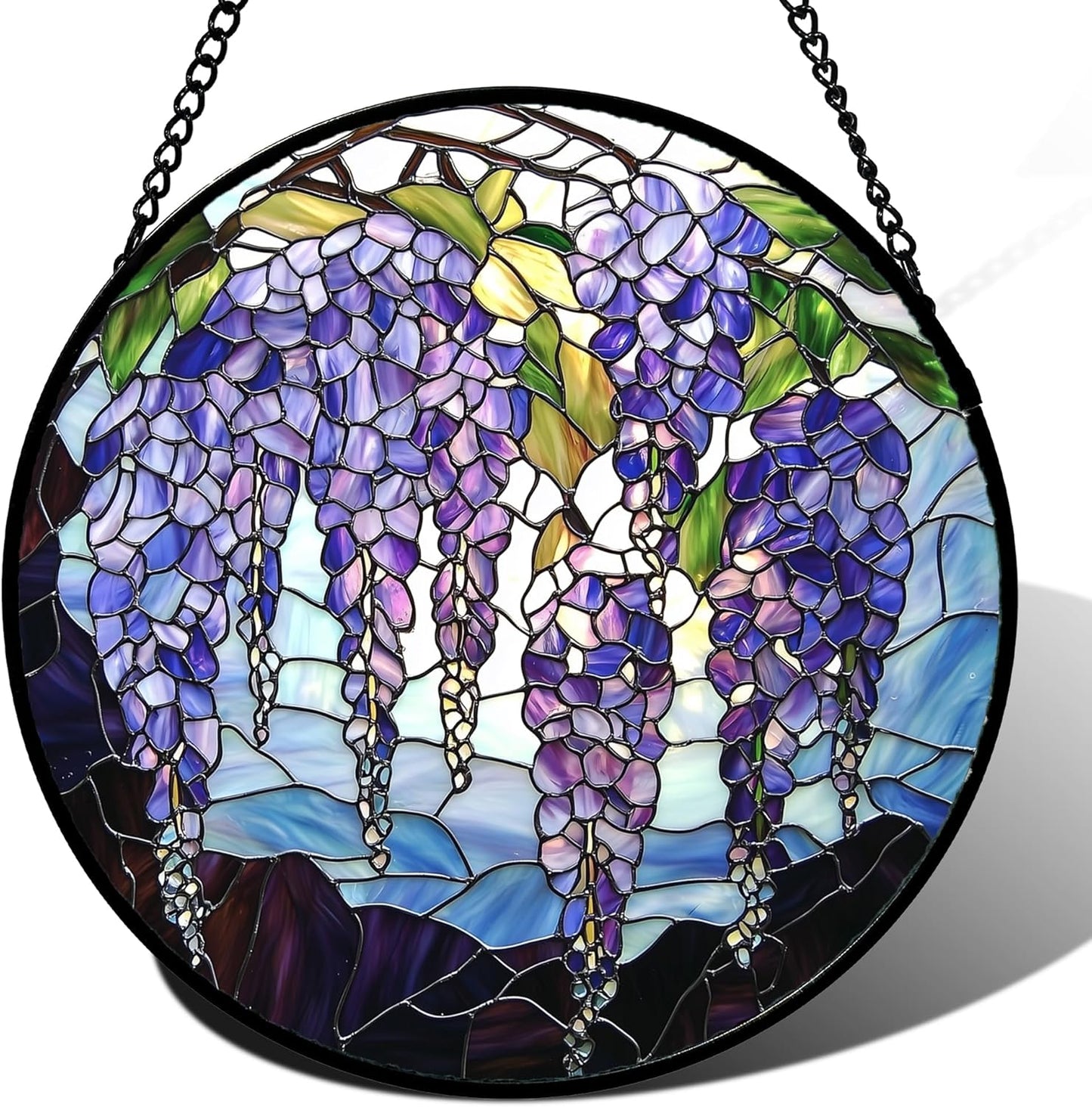 Stained Glass Window Hanging, Purple Wisteria Flowers Suncatcher for Doors Window Home Plant Sun Catchers Decoration Mother's Day Birthday Gifts for Women, Men, and Mom 7.8x7.8 in