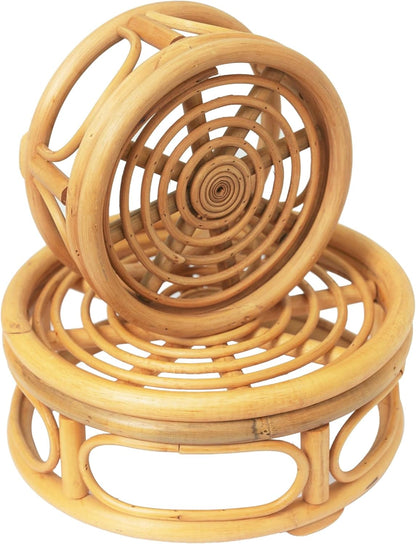 Set of 2 Boho Rattan Woven Round Decorative Risers Plant Stands Indoor, Mid Century Minimalist Modern Plant Stand, Wicker Short Plant Stand Holder Suitable Fits 8'' and 12'' Pots
