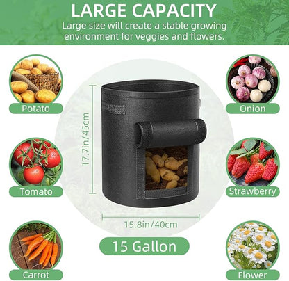 12 Pack 15 Gallon Potato Grow Bags, Heavy Duty Nonwoven Fabric Garden Planting Bag Plant Container with Flap and Handles, Aeration Fabric Pots for Growing Vegetable, Fruits and Flowers