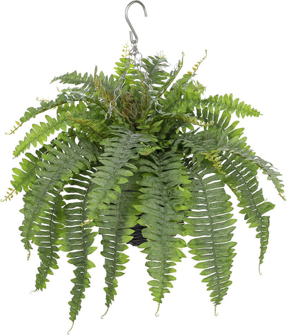 Artificial Fern Hanging Basket Plant 25" Boston Ferns 31 Leaves Greenery Plants with Rattan Pot for Outdoors & Indoor Fake Fern Bush Plant in Pot for Patio Entrance Porch Garden Decor Dusty Green