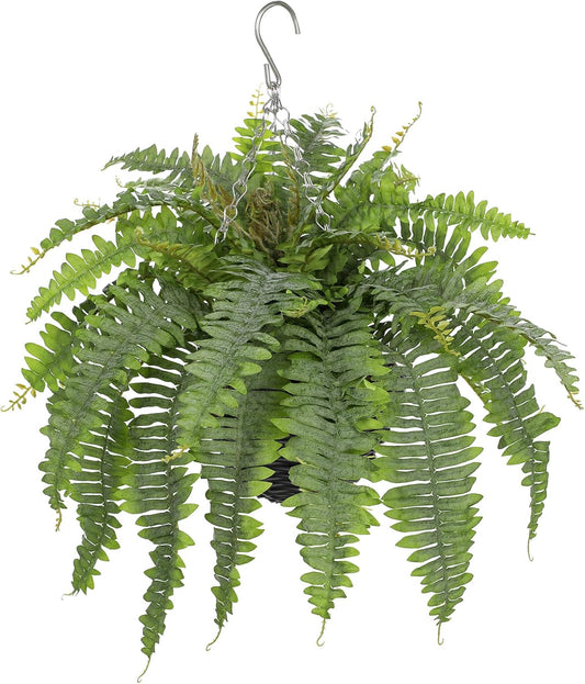 Artificial Fern Hanging Basket Plant 25" Boston Ferns 31 Leaves Greenery Plants with Rattan Pot for