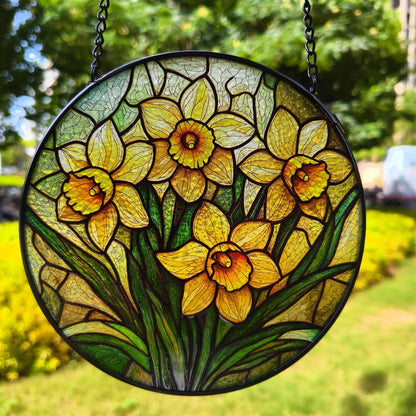 Stained Glass Window Hanging, Daffodil Flower Diamond Glass Panel Suncatcher Plant Sun Catchers for Home Garden Balcony Window Wall Decor, Gifts for Women,Mom (6.3 Inch)