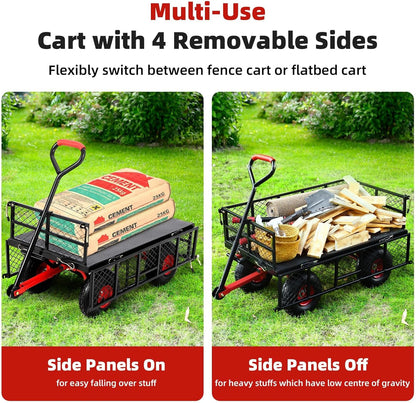 880 Lbs Heavy Duty Utility Garden Carts and Wagons with 180° Rotating Handle and Removable Sides, Steel Yard Dump Wagon Carts with 10" All Terrain Tires