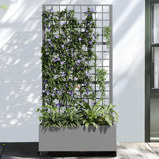 Casaphoria Metal Raised Garden Bed with Trellis and Wheels, 72"x35"x16" Planter Box for Climbing Plants, Vegetables & Vines, Features Drainage Holes and Privacy Screen (Gray-Square)