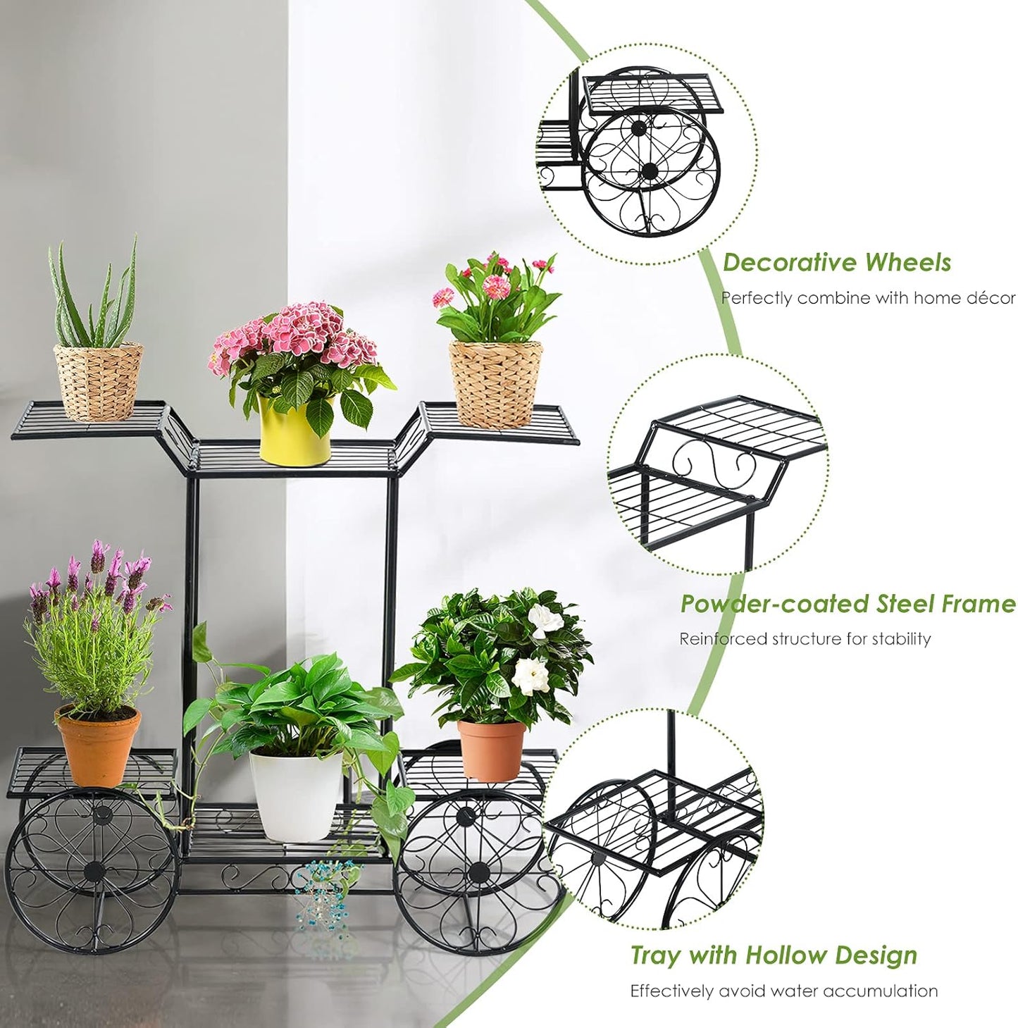 Safstar 6 Tiered Metal Plant Stand w/4 Decorative Wheels, Multilayer Flower Display Shelf for Home, Garden, Patio, Parisian Style Potted Plant Rack Holder