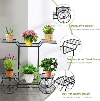 Safstar 6 Tiered Metal Plant Stand w/4 Decorative Wheels, Multilayer Flower Display Shelf for Home, Garden, Patio, Parisian Style Potted Plant Rack Holder