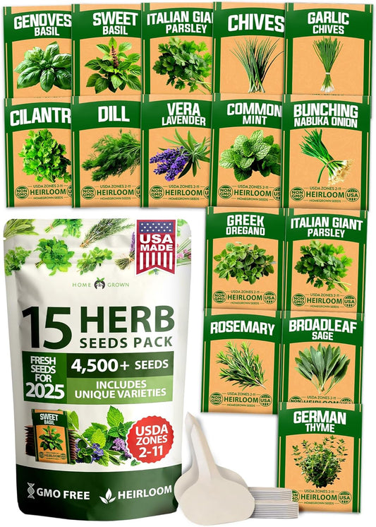 HOME GROWN 15 Herb Seeds for Planting 4,500+ Non-GMO Heirloom Seeds | Extra Large Variety Pack Herb Kit – Indoor Outdoor & Hydroponic | Culinary Seed Set | Grow Your Own Herbs | Gardening Gift