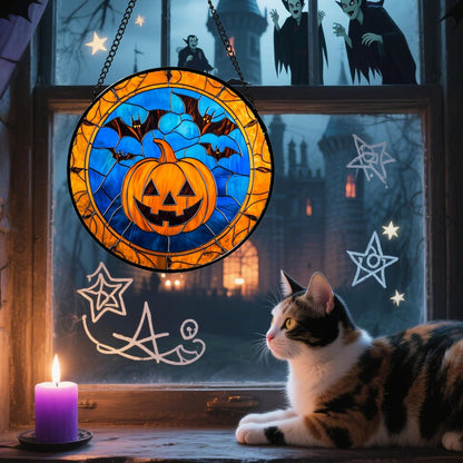 Stained Glass Window Hanging - Halloween Evil Pumpkin Suncatcher for Doors Window Garden Indoor Spooky Brown Bat Sun Catchers Gothic Decor Horror Gifts for Women Men Friend Boy Girl 6.3 in