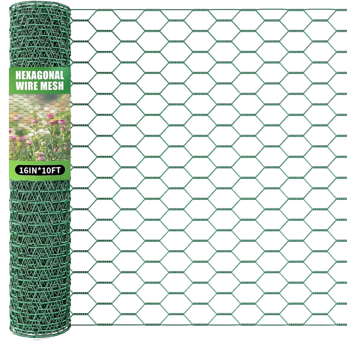 16in x 10ft Chicken Wire for Floral Arrangements, Green Chicken Wire, Hexagonal Galvanized Wire Mesh for Poultry Barrier, Flower Arrangement, Crafts and Garden