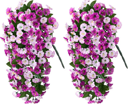 HyeFlora Artificial Fake Hanging Flowers Plants for Outdoor Outside, 2PCS Faux Silk Morning Glory Trailing Vines UV Resistant Look Real for Home Planter Porch Patio (Light Fuchsia+Fuchsia)