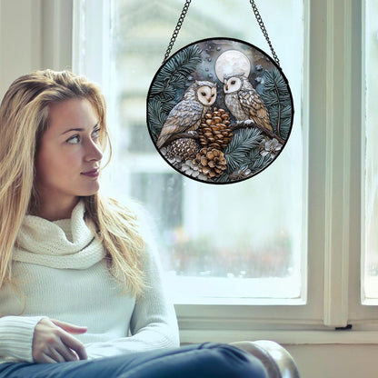 Stained Glass Window Hanging - Owl On A Tree Suncatcher for Doors Garden Patio Winter Scene Sun Catchers Decor Christmas Mother's Day Birthday Gifts for Women Men Mom Nana Friend 11.8 in