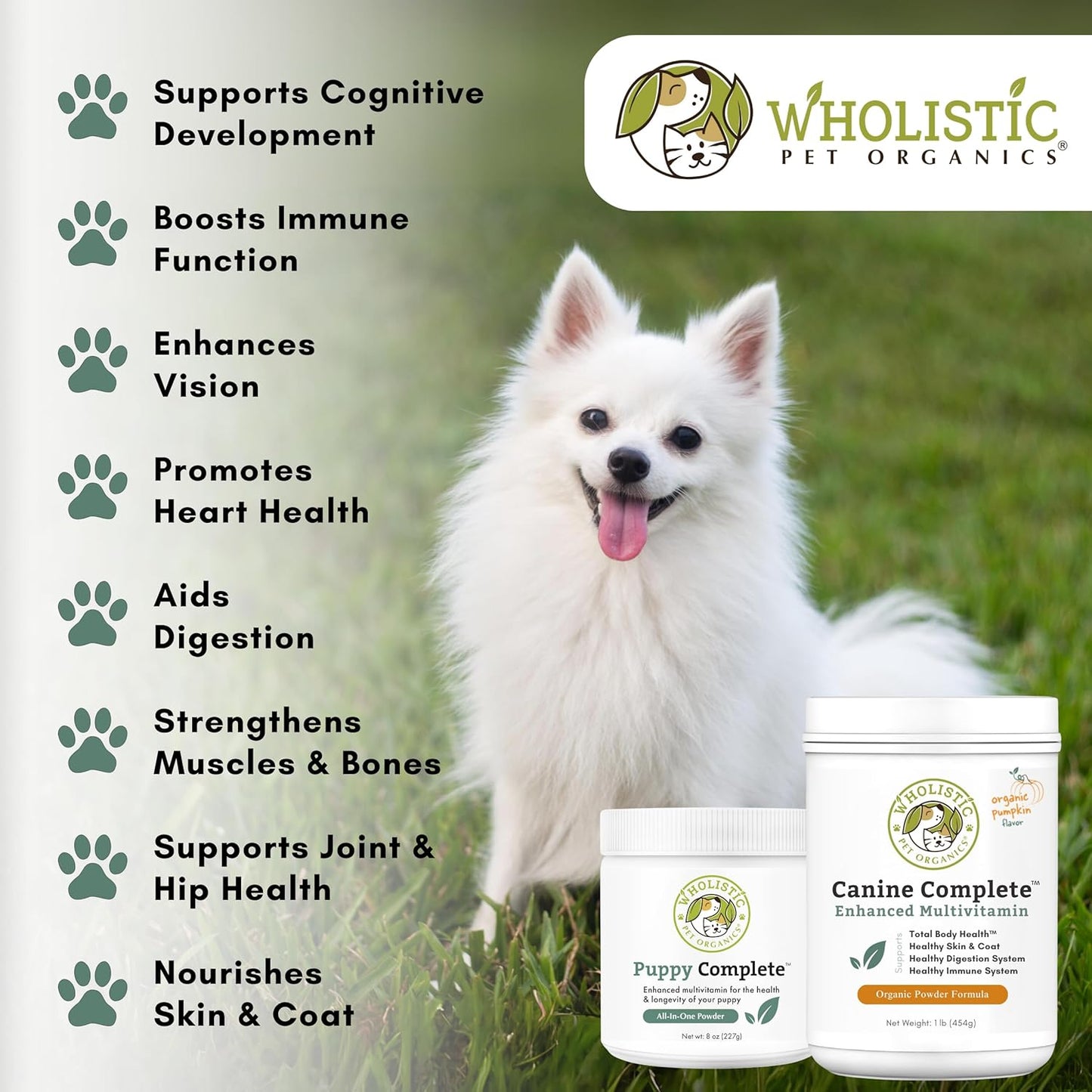 Wholistic Pet Organics Canine Complete - Dog Multivitamin Powder - 8 Oz - Daily Dog Vitamins and Supplements for Homemade Food - Immune System, Skin, Coat & Overall Health - Small and Large Breed