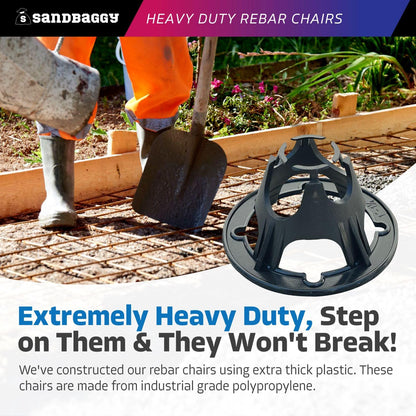 Sandbaggy Plastic Rebar Support Chair - Elevates 1" or 1-1/4" - for #3 to #5 and Steel Wire Mesh (500, 1" - 1.25"), Black