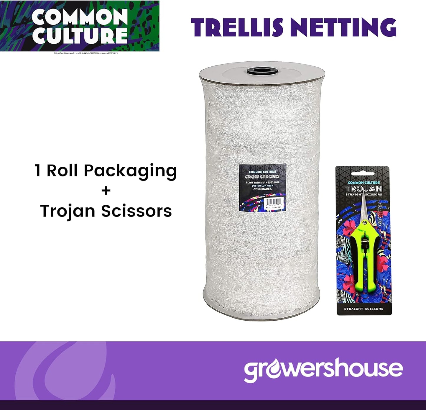 COMMON CULTURE Grow Strong Plant Trellis + Trojan Scissors - 6" Square Soft Mesh Nylon Trellis Netting Bulk Roll - Heavy-Duty Garden Netting for Plants - 5' x 350' - 1 Roll