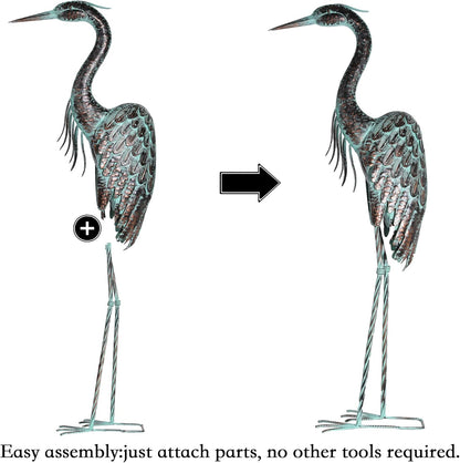 Kircust Garden Crane Statues, Standing Metal Patina Heron Decoy Outdoor Statue, 42-46 Inch Bird Yard Art for Patio Lawn Pond, Set of 2