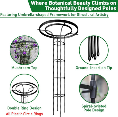 Mushroom Top Trellis for Climbing Plants Outdoor, 3.44FT Decorative Obelisk Plant Support with Rustproof PE-Coated Metal, Rose Trellis for Clematis Ivy, Black