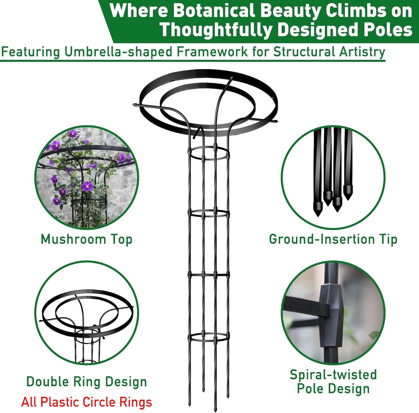 Mushroom Top Trellis for Climbing Plants Outdoor, 5.74FT Decorative Obelisk Plant Support with Rustproof PE-Coated Metal Poles, Rose Trellis for Clematis Ivy, Black