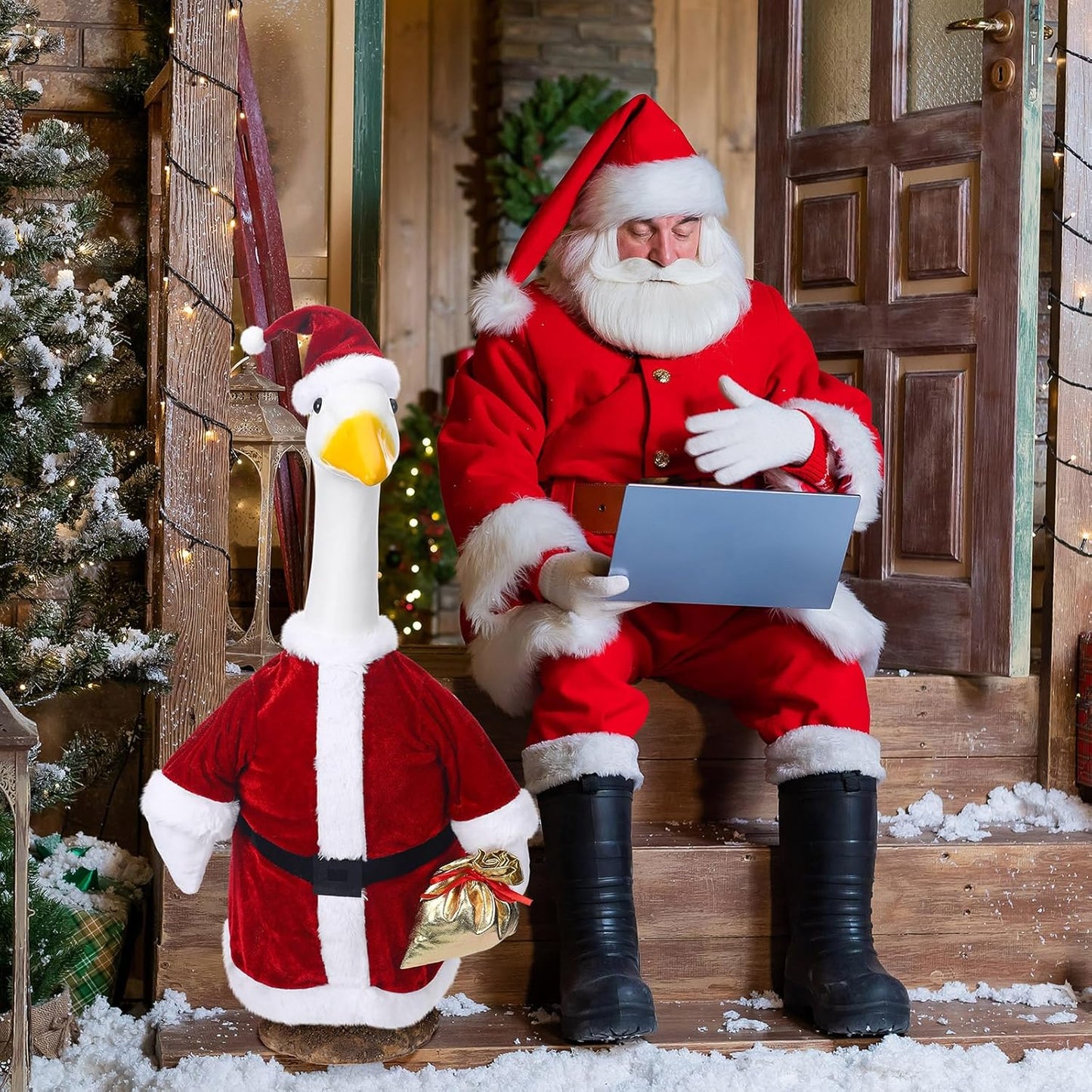 Christmas Santa Claus Goose Outfit Dresses Clothes for 23" High Cement or Plastic Christmas Goose Lawn Clothing Porch Garden Costume for Yard Patio Statue Outdoor Xmas Holiday Decor