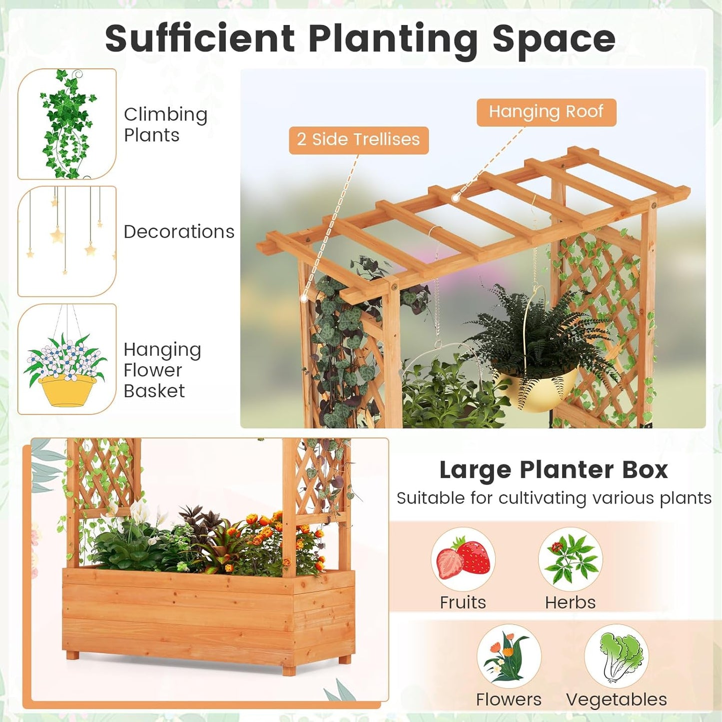 S AFSTAR 72-Inch Raised Garden Bed with Arch Trellis, Hanging Roof & Drainage Holes, Vertical Plant Container for Vine Climbing Plant Flower, Indoor Outdoor Wood Elevated Planter Box for Garden Patio