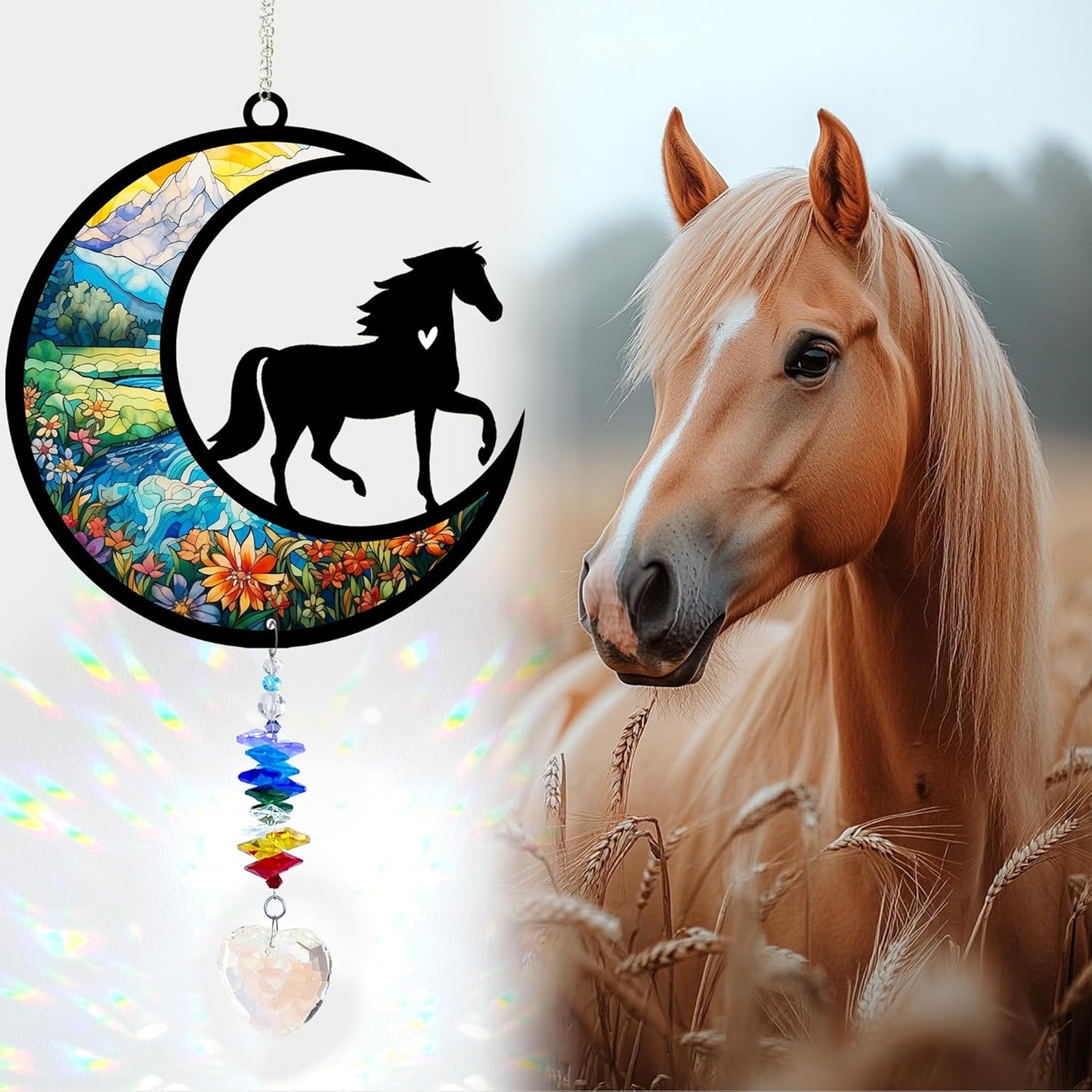 Horse Suncatcher, Personalized Pet Loss Gift with Name & Date, Heart-Shaped Crystal Sun Catcher, Horse Remembrance Sympathy Rainbow Maker for Window & Garden