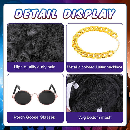 DECOHS 3 Pcs/Set Cool Porch Goose Outfits, Cool Lawn Goose Statue Costume Clothing, Porch Garden Goose Gold Chain Collar Costume Sunglasses Wig for Outdoor Patio Yard Decoration Pet Cosplay Party