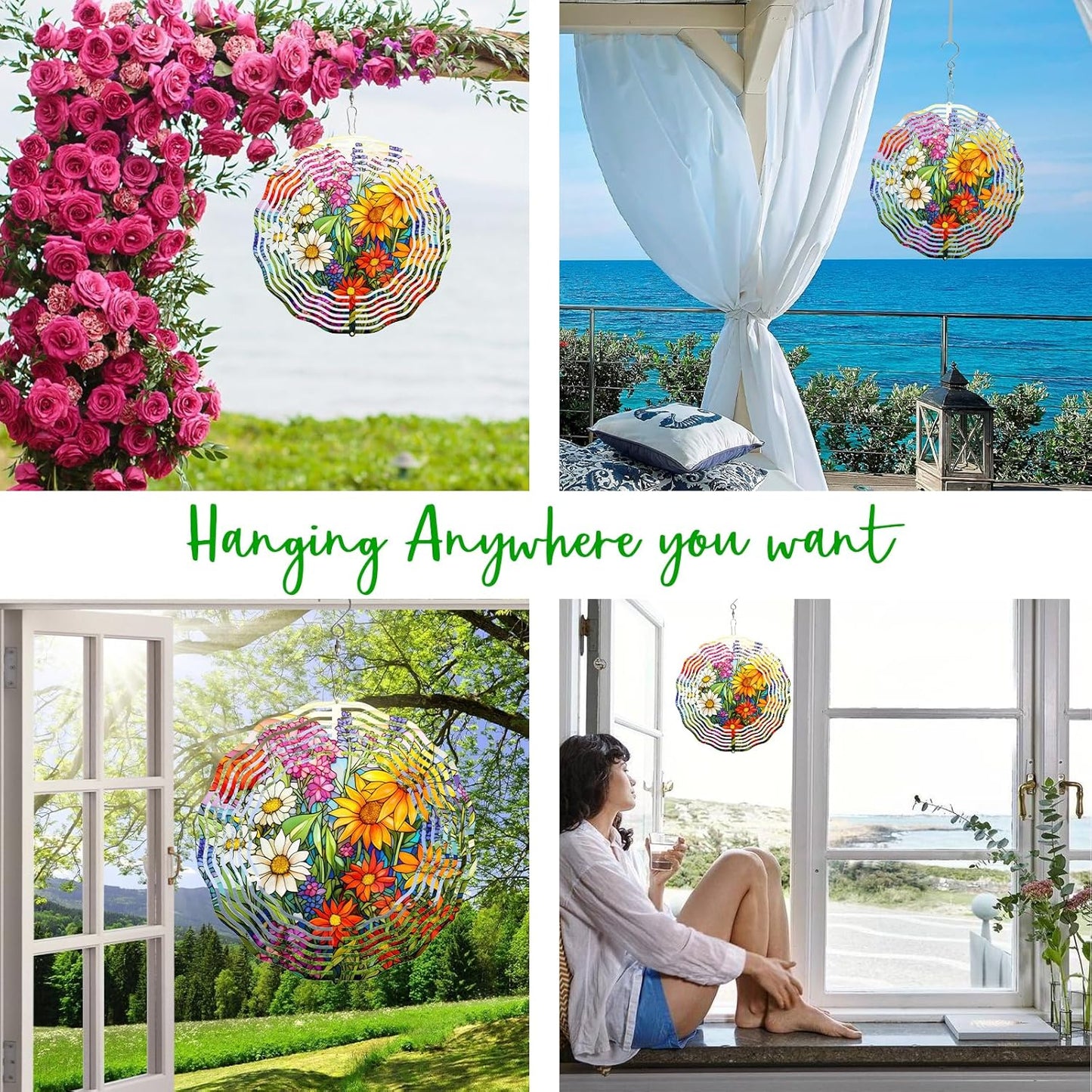 3D Flower Wind Spinner 10 Inch Garden Wind Spinners with Flower Designs for Yard Stainless Steel Flower Spinner with Unique Visual Effect Hanging Flower Wind Sculptures Garden Decor Gift